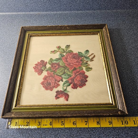 SOLD - Vintage Needlepoint Floral Roses 10X10 Framed Hanging Wall Artwork - Picture 8 of 8